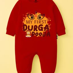 The Peppy Tend 100% Cotton Knit Durga Puja Theme Full Sleeves My First Durga Pooja Text Printed Romper - Red-picture-2