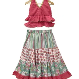 Elaisha Cotton Woven Sleeveless Abstract Embroidered Gota Lace Embellished Halter Neck Lehenga Choli Set - Coral & Olive Green-picture-14