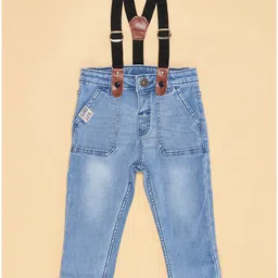Pantaloons Baby Solid Button Down Jeans With Suspender - Blue image 3