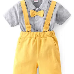 Babyhug Cotton Knit Half Sleeves Solid Shirt & Shorts Set With Attached Bow & Suspender - Grey & Yellow image 2