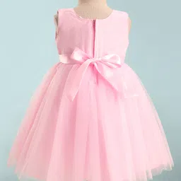 Babyhug Woven Sleeveless Fit & Flare Mesh Party Dress with Lace on Yoke & Bow Applique - Light Pink image 3