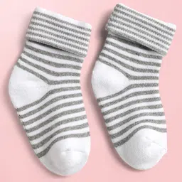 Cute Walk By Babyhug Knit Ankle Length Antibacterial Socks with Stripe Design Pack of 3 - Grey & Blue image 3