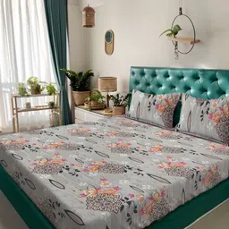 KLOTTHE Multicoloured Floral 300 TC King Bedsheet with 2 Pillow Covers-picture-42