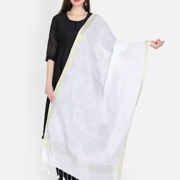 THE WEAVE TRAVELLER White & Gold-Toned Woven Design Cotton Blend Dupatta image 4