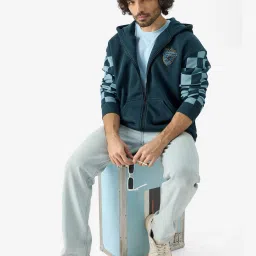 The Souled Store Teal Loose Fit Check Oversized Hooded Sweatshirt image 5