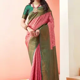 Satrani Pink & Green Woven Saree With Unstitched Blouse-picture-30