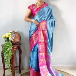 APNISHA Blue & Pink Woven Saree With Unstitched Blouse image 5