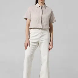 Only Beige Self Design Crop Shirt image 5