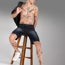 High Star Blue Cotton Regular Fit Denim Shorts image 5