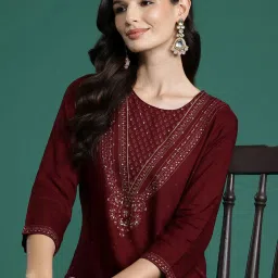 Indo Era Maroon Printed Straight Kurta image 5