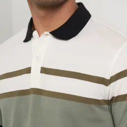 Peregrine By Pantaloons Bright White & Green Slim Fit Stripe Polo T-Shirt image 5