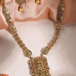 ORANGENYSHA Gold Plated Stone Studded & Beaded Temple Jewellery Set-picture-10