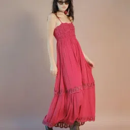 VIRGIO Maroon Flared Fit Solid Dress image 3