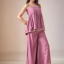 Sangria Self Design Shoulder Strap Peplum Top & Trousers Co-Ords image 3