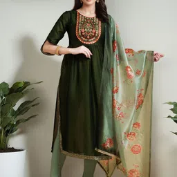 SZN Women Floral Embroidered Anarkali Pleated Kurta & Trousers With Dupatta-picture-4