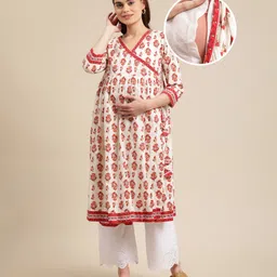 Bella Mama 3/4th Sleeves Flared Maternity Kurta Flowers Print - Off White-picture-24