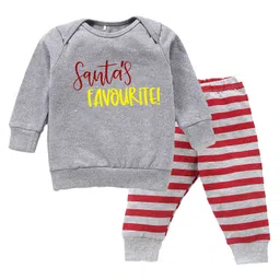 Kadam Baby Christmas Theme Full Sleeves Santas Favourite Text Printed Sweatshirt & Striped Cotton Jogger Set - Grey-picture-15