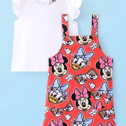 Babyhug Disney Single Jersey Dungaree Style Frock Minnie Mouse Print with Frill Sleeves Solid Top - Red & White image 1