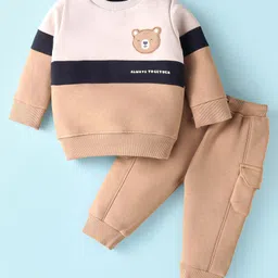 Pepito Fleece Knit Full Sleeves Winter Wear T-Shirt & Lounge Pant Set With Cut & Sew Design & Bear Patch - Beige-picture-14