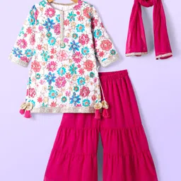 Babyhug Woven Three FourthSleeves Floral Printed Kurta Gharara Set with Dupatta & Lace Detailing - Dark Pink-picture-13