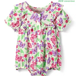 Babyoye 100% Organic Muslin Woven Half Sleeves Front Open Onesie With Floral & Butterfly Print - Cream-picture-15