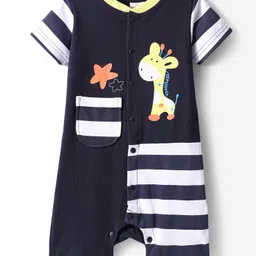 mark & mia Kookie Kids Cotton Knit Half Sleeves Striped & Griaffe Graphics with Pocket Detailing Romper - Navy Blue-picture-21