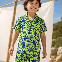 OLLINGTON ST. Cotton Knit Tropical Print Co-Ord Set with Half Sleeves Shirt & Shorts - Neon Green & Blue-picture-22