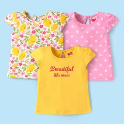 Babyhug Cotton Knit Cap Sleeves T-Shirts with Floral Polka Dots & Text Print Pack of 3 - Yellow Pink & White-picture-31