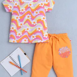 BUMZEE Cotton Knit Half Sleeves Lehariya & Flower Printed T-Shirt & Capri Set - Multicolor & Orange-picture-36