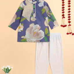 The Magic Wand Cotton Woven Full Sleeves Floral Printed Lace Detailed Kurta Pyjama Set - Blue-picture-26
