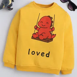 BAATCHEET Fleece Knit Full Sleeves Swinging Baby Dinosaur Printed Light Winter Sweatshirt - Yellow-image-4