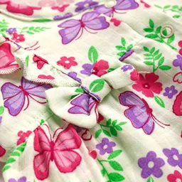 Babyoye 100% Organic Muslin Woven Half Sleeves Front Open Onesie With Floral & Butterfly Print - Cream image 3