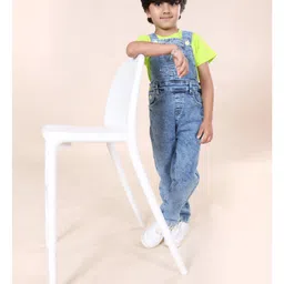Kiddopanti Denim Knit Mild Washed Dungaree With Cotton Half Sleeves Mini Monster Printed Tee Set - Neon Green & Blue image 5