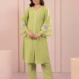 Autumnlane Green Purna Kelly Embroidery Regular Fit Kurta Pant Set-image-22