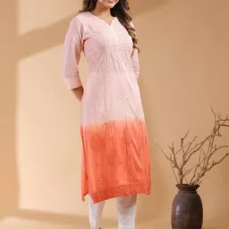 Janasya Peach Cotton Embroidered Kurta image 5
