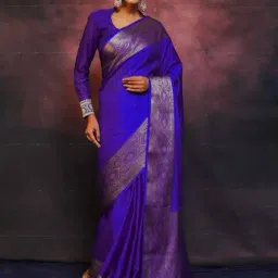 Satrani Blue Silk Woven Saree With Unstitched Blouse-image-1