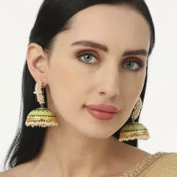 OOMPH Green & Yellow Meenakari Large Jhumka Earrings For Women image 5