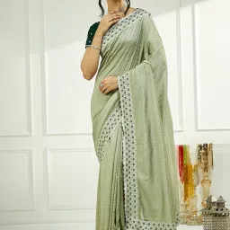 Satrani Green Silk Blend Embroidered Saree With Unstitched Blouse image 5