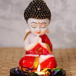 eCraftIndia Rakhi with Red Monk Buddha, Petals and Tealight, Roli Chawal, Best Wishes Greeting Card image 3
