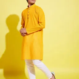 VASTRAMAY Boys Yellow Cotton Self KurtaSets image 2