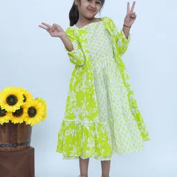OKARA Kids Girls Floral Printed Round Neck Midi Dress-image-65