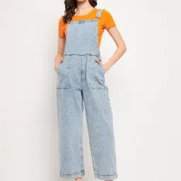 MADAME Blue Cotton Solid Dungarees-image-36