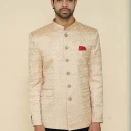House of Pataudi Self-Design Mandarin Collar Pure Cotton Tailored-Fit Jodhpuri Blazer-image-86
