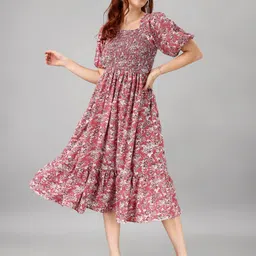 Raiyani Enterprise Women Pink Floral Print Applique Fit & Flare Square Neck Maxi Dress-image-92