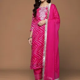 House of Pataudi Leheriya Printed With Zari Work Straight Kurta With Trouser & Dupatta-picture-14