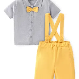 Babyhug Cotton Knit Half Sleeves Solid Shirt & Shorts Set With Attached Bow & Suspender - Grey & Yellow-picture-22
