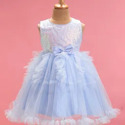 Babyhug Woven Sleeveless Sequined Fit & Flared  Party Frock with Bow Applique & Frill Detailing - Sky Blue-picture-26