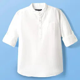 Pine Kids Linen Woven Full Sleeves Solid Colour Shirt With Mandarin Collar - White-picture-23