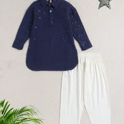 The Magic Wand Rayon Full Sleeves Ethnic Embroidered Sequins Embellished Pathani Kurta & Pyjama Set - Navy Blue-picture-31