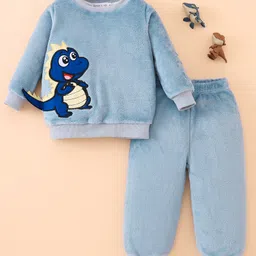 Mark & Mia Full Sleeves Winter Wear Night Suit With Dino Patch & Applique - Light Blue-picture-16